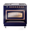 ILVE Nostalgie II Noblesse 36-Inch Propane Gas Dual Fuel Range and Triple Glass Door in Midnight Blue with Copper Trim (UN36FNMPMBPLP)