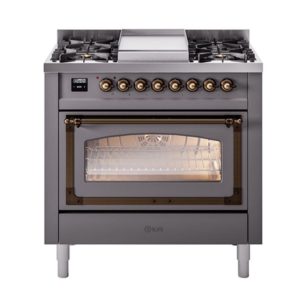 Matte graphite dual fuel range with triple glass oven door window and bronze control trim