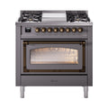 ILVE Nostalgie II Noblesse 36-Inch Natural Gas Dual Fuel Range and Triple Glass Door in Matte Graphite with Burnished Bronze Trim (UN36FNMPMGB)
