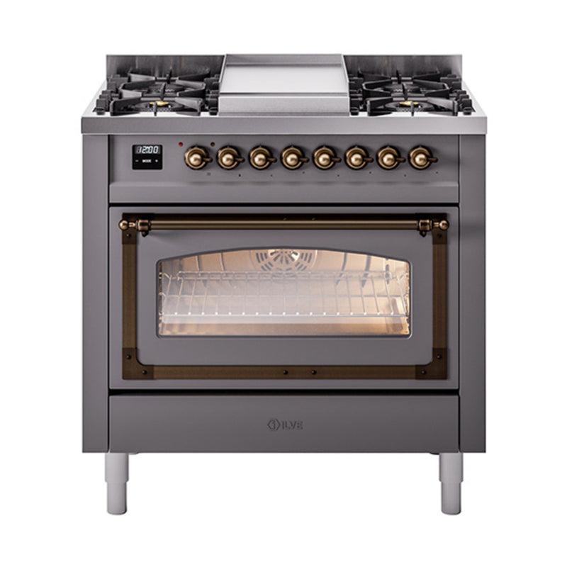 ILVE Nostalgie II Noblesse 36-Inch Dual Fuel Range and Triple Glass Door in Matte Graphite with Bronze Trim (UN36FNMPMGB)