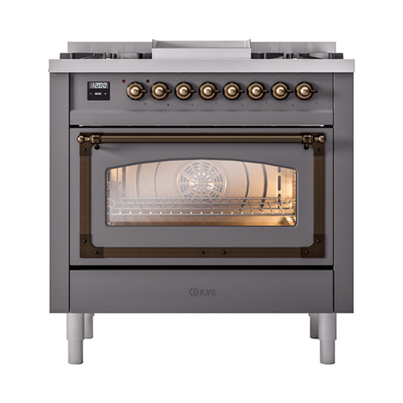 ILVE Nostalgie II Noblesse 36-Inch Dual Fuel Range and Triple Glass Door in Matte Graphite with Bronze Trim (UN36FNMPMGB)