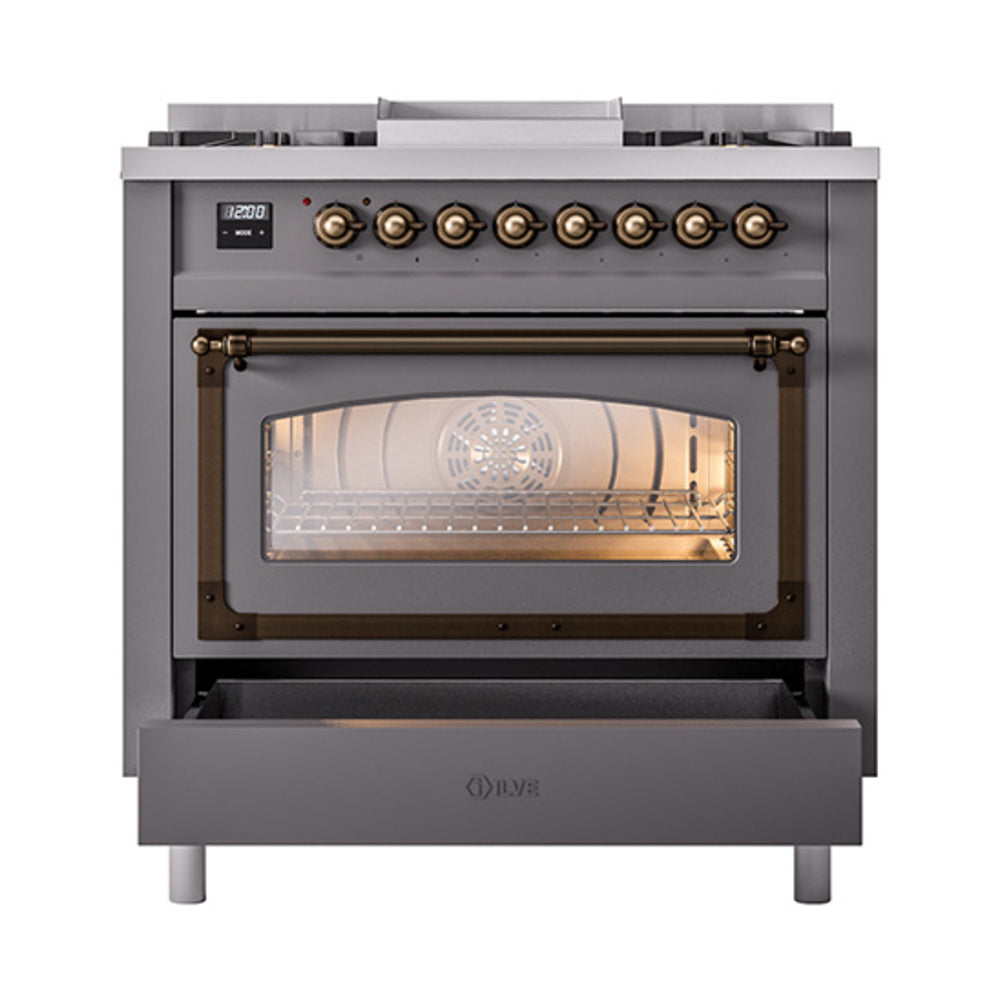 ILVE dual fuel range with matte graphite oven door, bronze handle, and control panel
