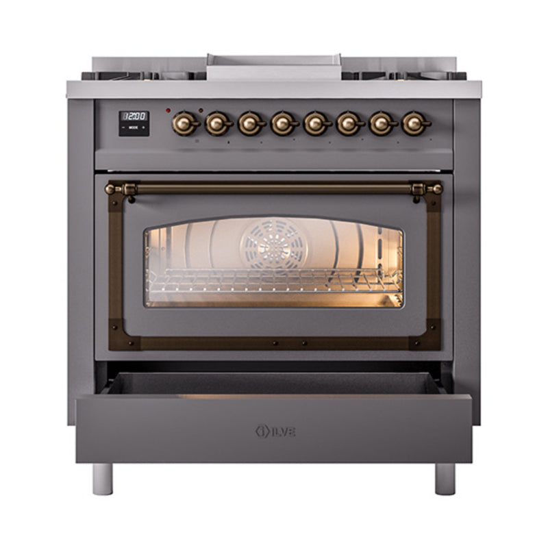ILVE Nostalgie II Noblesse 36-Inch Dual Fuel Range and Triple Glass Door in Matte Graphite with Bronze Trim (UN36FNMPMGB)
