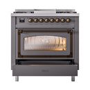 ILVE Nostalgie II Noblesse 36-Inch Natural Gas Dual Fuel Range and Triple Glass Door in Matte Graphite with Bronze Trim (UN36FNMPMGB)