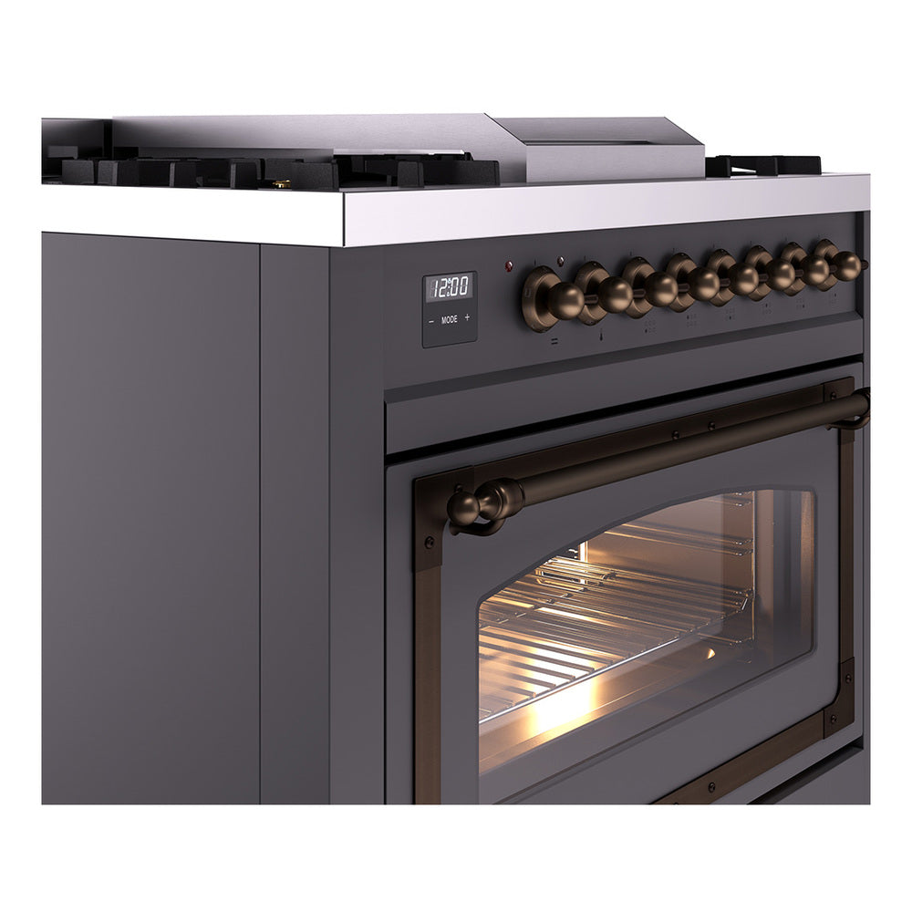 ILVE dual fuel range side view with bronze control knobs and glass oven door