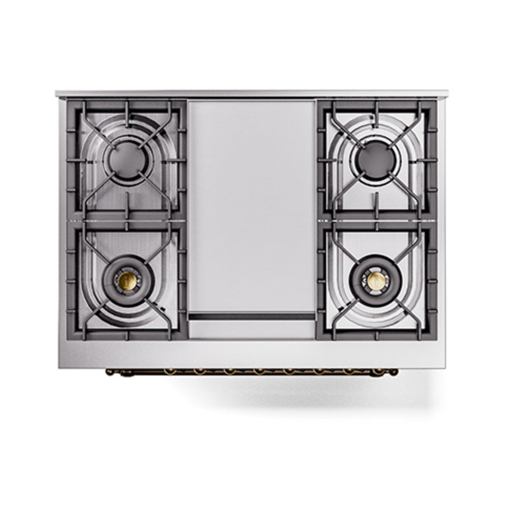 ILVE dual fuel cooktop with four cast-iron style burner grates in a matte graphite body