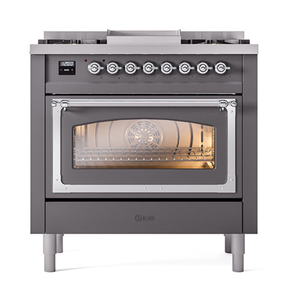 Matte graphite gas dual-fuel range with open oven door and triple-glass viewing window