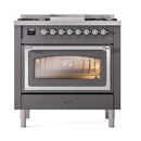 ILVE Nostalgie II Noblesse 36-Inch Natural Gas Dual Fuel Range and Triple Glass Door in Matte Graphite with Chrome Trim (UN36FNMPMGC)