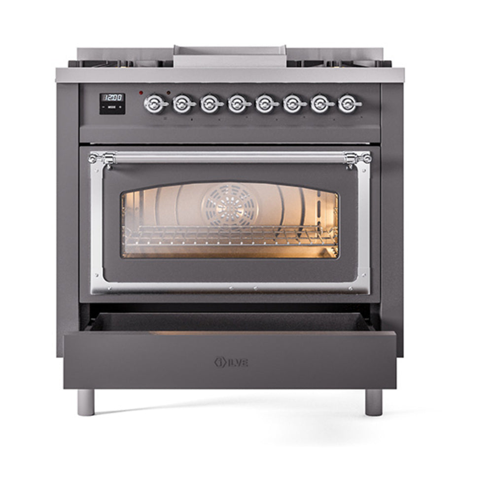 Matte graphite gas dual-fuel range with open triple-glass oven door and storage drawer