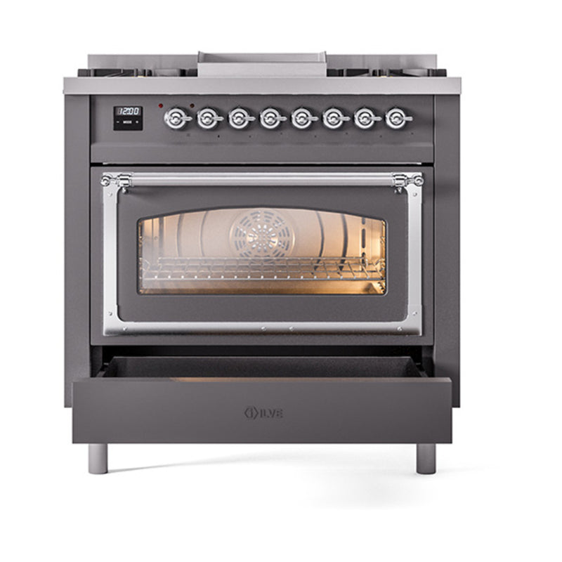 ILVE Nostalgie II Noblesse 36-Inch Dual Fuel Range and Triple Glass Door in Matte Graphite with Chrome Trim (UN36FNMPMGC)