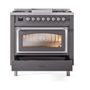ILVE Nostalgie II Noblesse 36-Inch Natural Gas Dual Fuel Range and Triple Glass Door in Matte Graphite with Chrome Trim (UN36FNMPMGC)
