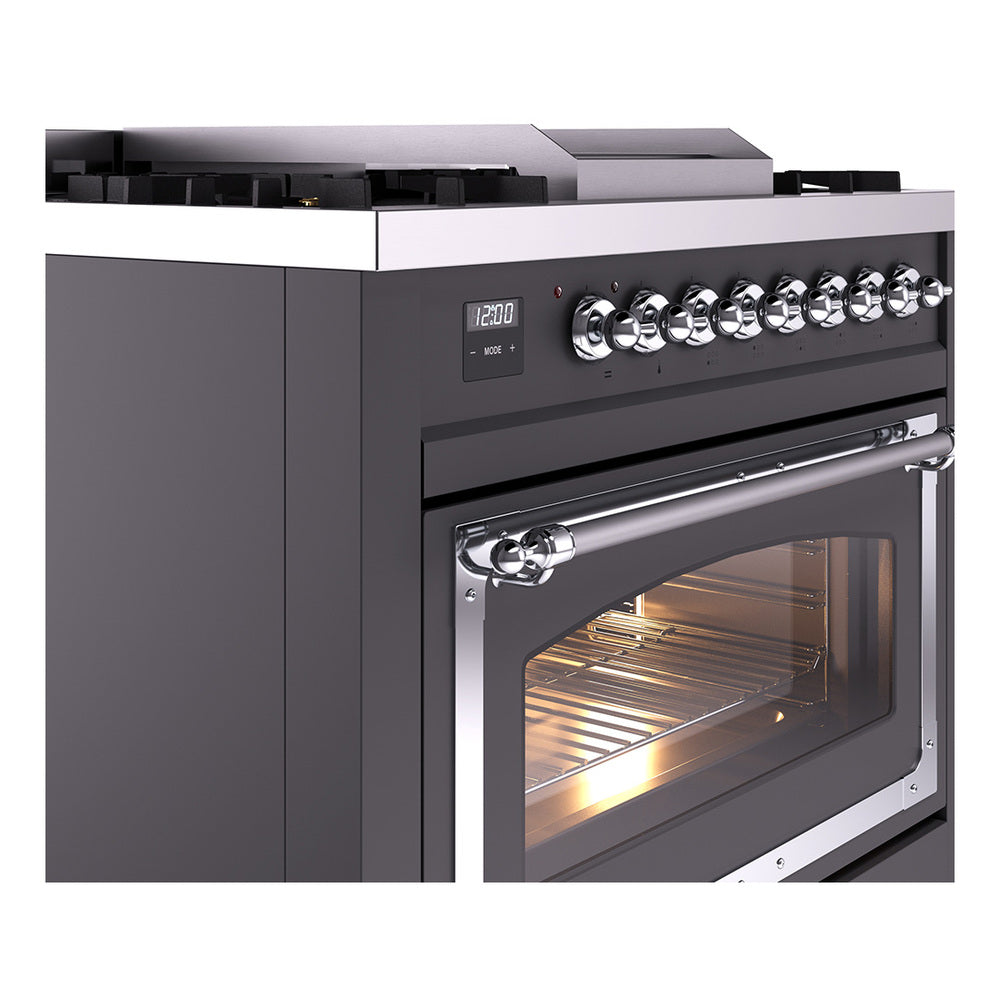 Matte graphite range with chrome control knobs and open oven door window