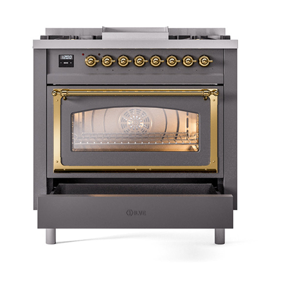 Matte graphite dual fuel gas range with brass-trimmed oven window and front lower drawer