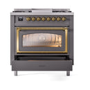 ILVE Nostalgie II Noblesse 36-Inch Natural Gas Dual Fuel Range and Triple Glass Door in Matte Graphite with Brass Trim (UN36FNMPMGG)