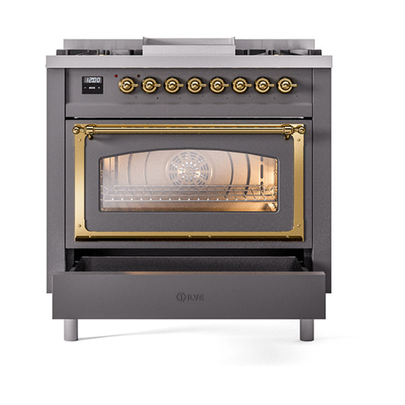 ILVE Nostalgie II Noblesse 36-Inch Dual Fuel Range and Triple Glass Door in Matte Graphite with Brass Trim (UN36FNMPMGG)