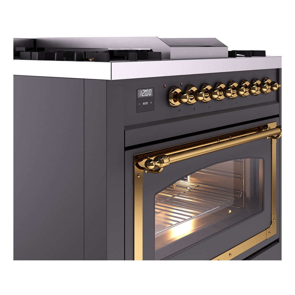 Matte graphite dual fuel gas range with brass oven handle and side view of glass door