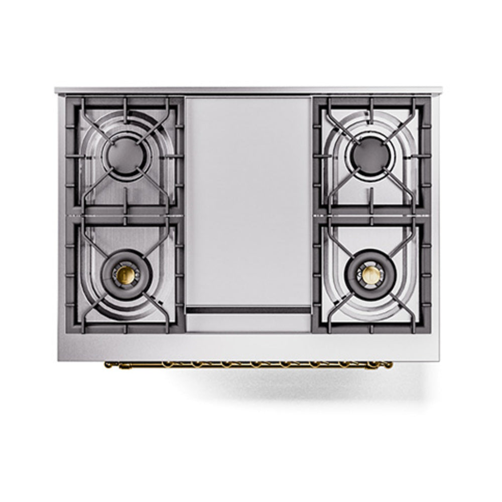 Dual fuel gas range cooktop top view showing four burner grates in matte graphite