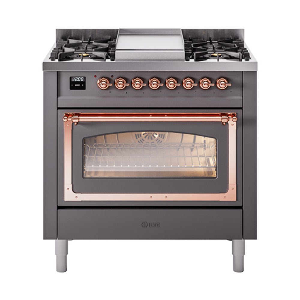 Matte graphite dual fuel range with copper-trim oven window and burner knobs