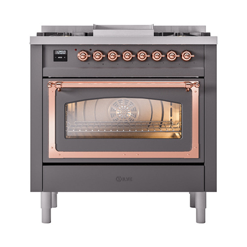 Matte graphite dual fuel range with open oven door window and copper-trim controls