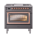 ILVE Nostalgie II Noblesse 36-Inch Natural Gas Dual Fuel Range and Triple Glass Door in Matte Graphite with Copper Trim (UN36FNMPMGP)