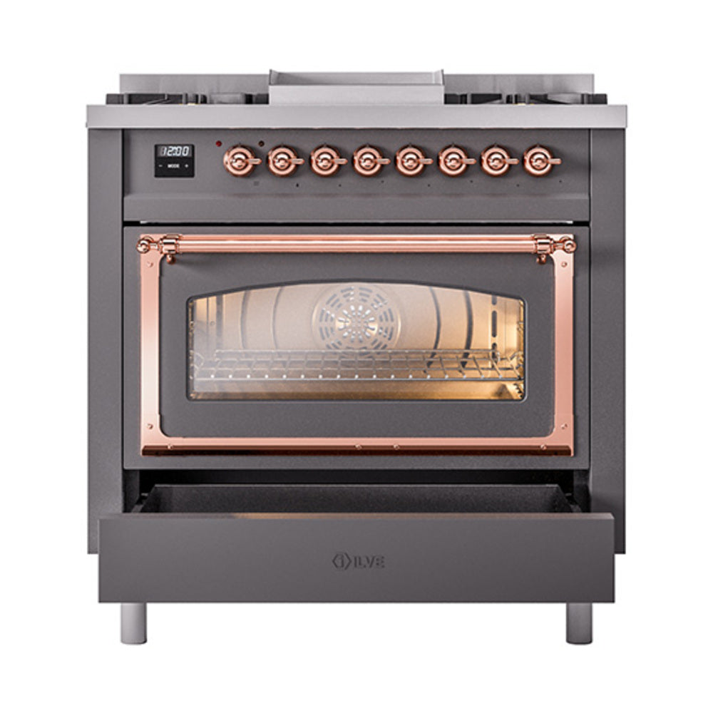 Matte graphite oven range with triple-glass door closed and copper handle trim