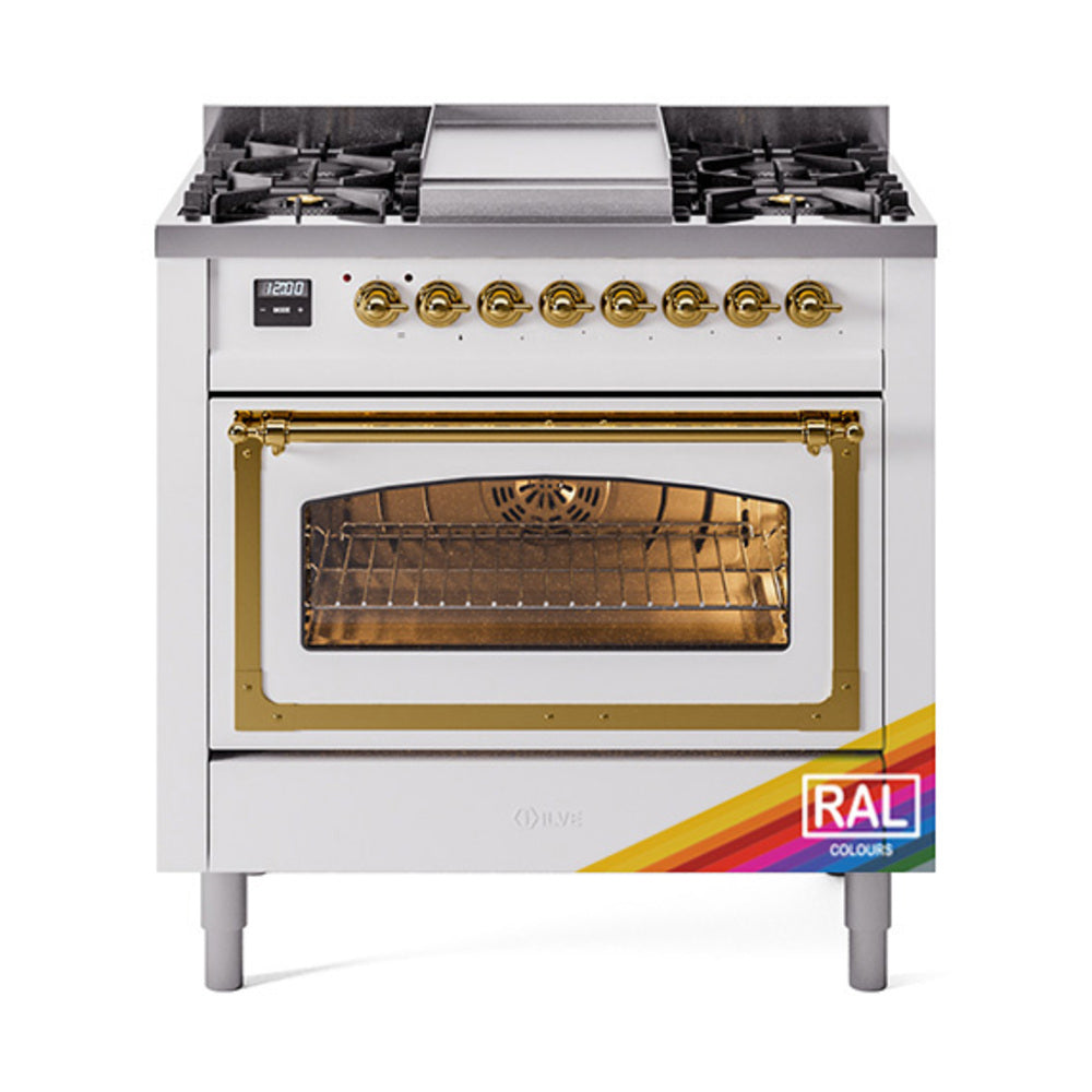 ILVE dual-fuel gas range with open oven door, brass trim, and control knobs