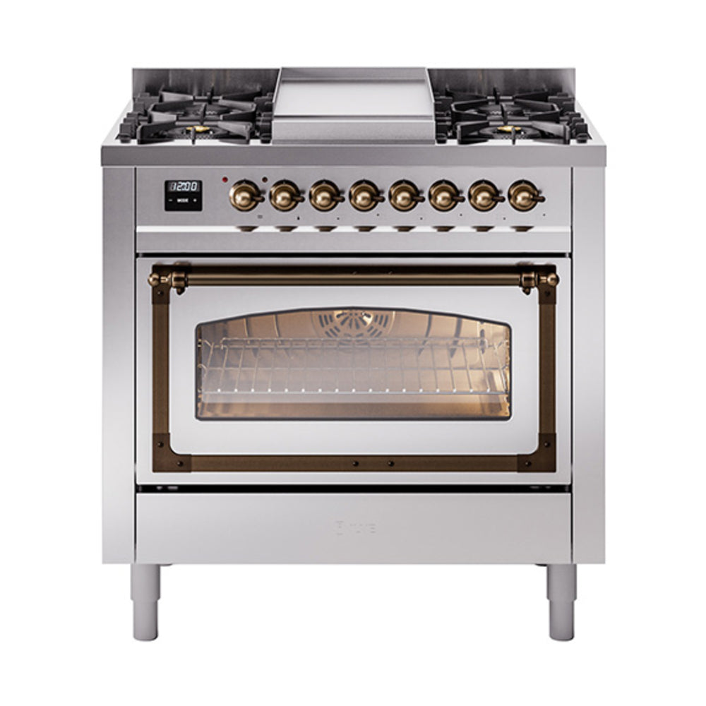 Stainless steel dual fuel range with bronze-trim glass oven door and front burner knobs