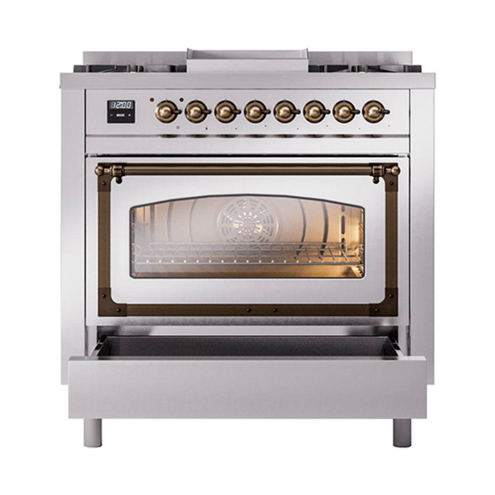Stainless steel oven range with bronze trim, open door, and visible baking rack