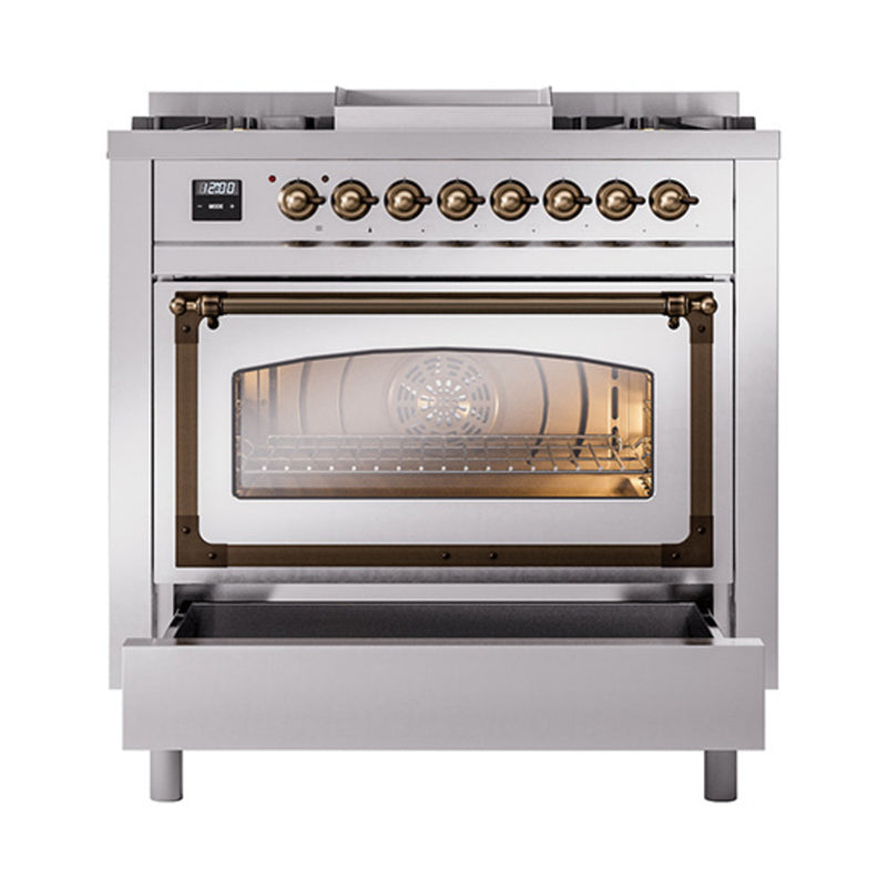 ILVE Nostalgie II Noblesse 36-Inch Dual Fuel Range and Triple Glass Door in Stainless Steel with Bronze Trim (UN36FNMPSSB)