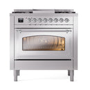 ILVE Nostalgie II Noblesse 36-Inch Natural Gas Dual Fuel Range and Triple Glass Door in Stainless Steel with Chrome Trim (UN36FNMPSSC)