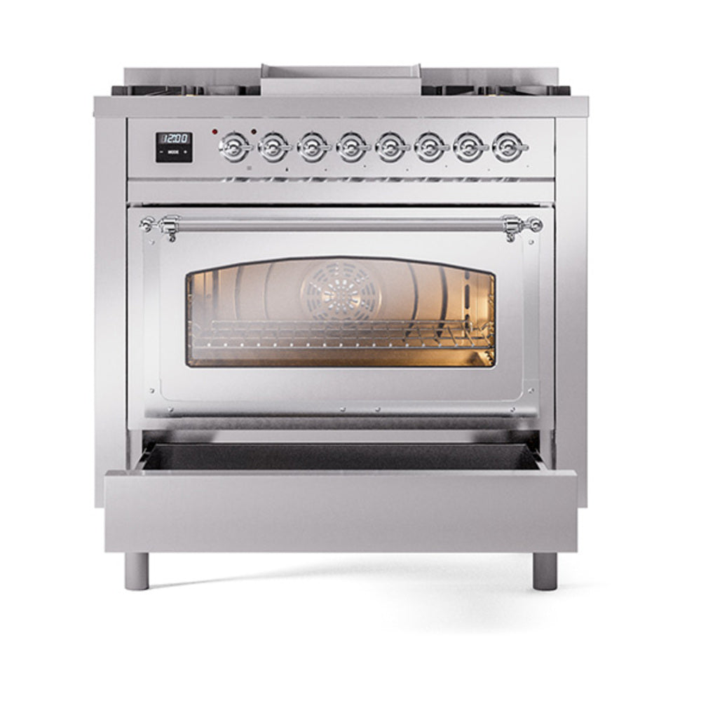 Stainless steel range oven door open with triple-glass window and chrome handle