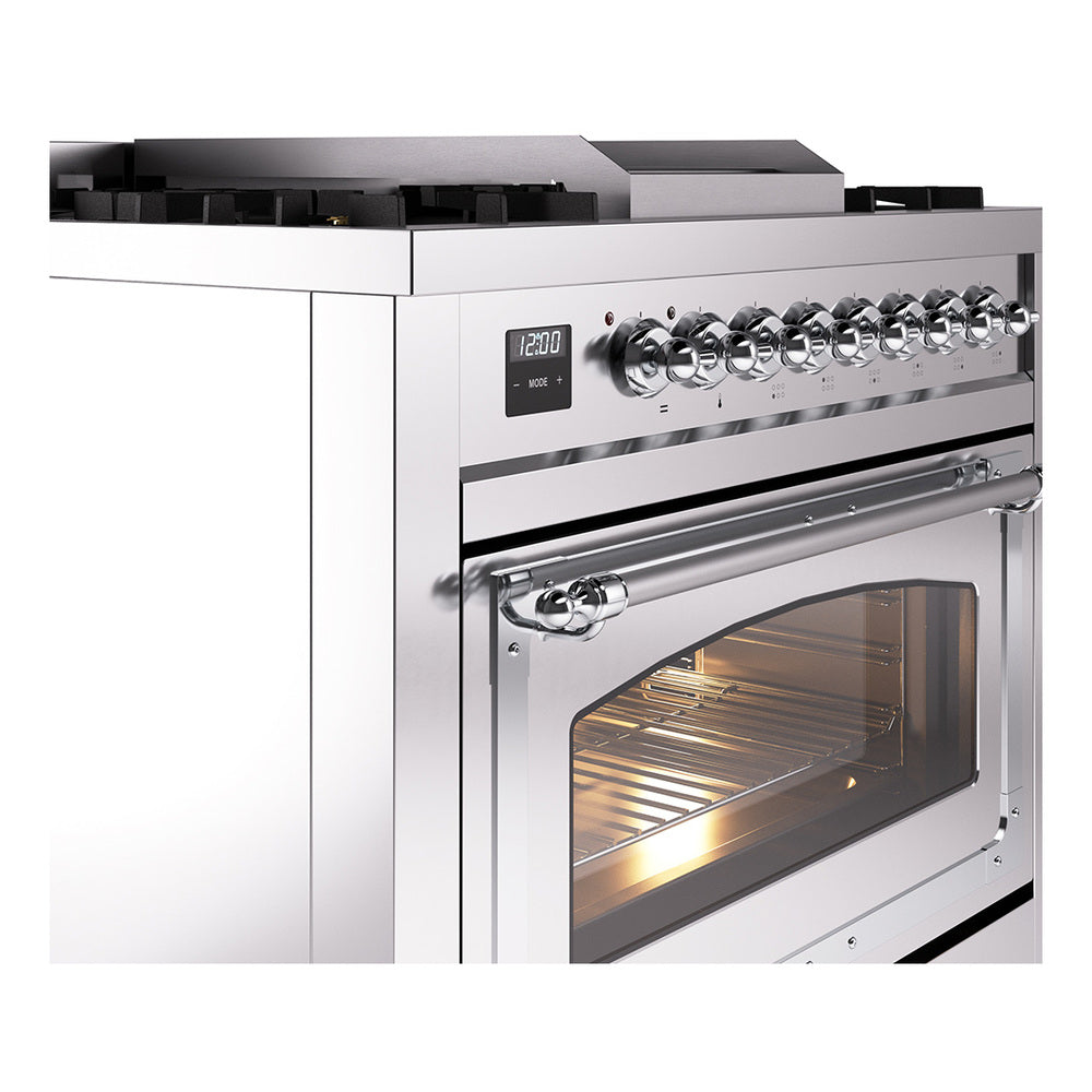 Stainless steel range side view with control panel, oven door window, and chrome handle