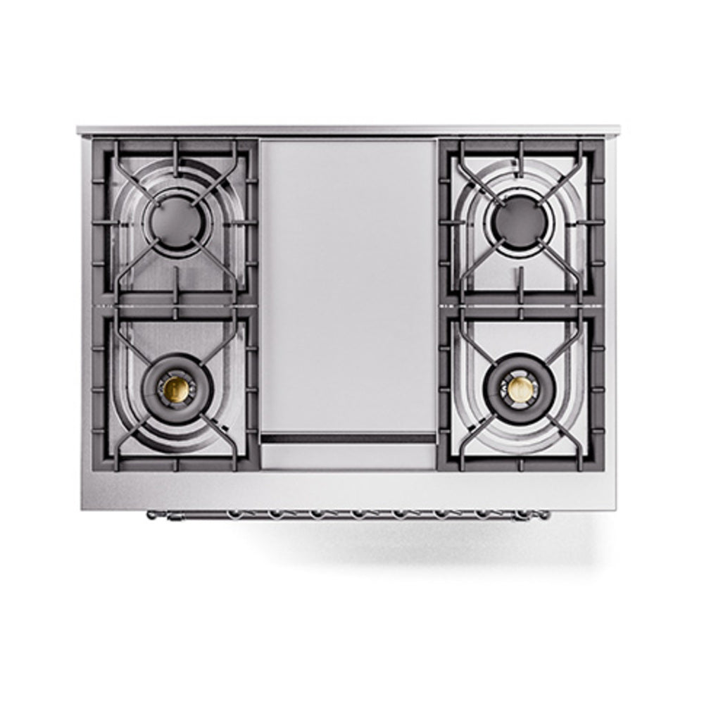 Stainless steel cooktop with two cast-iron burner grates and center control area