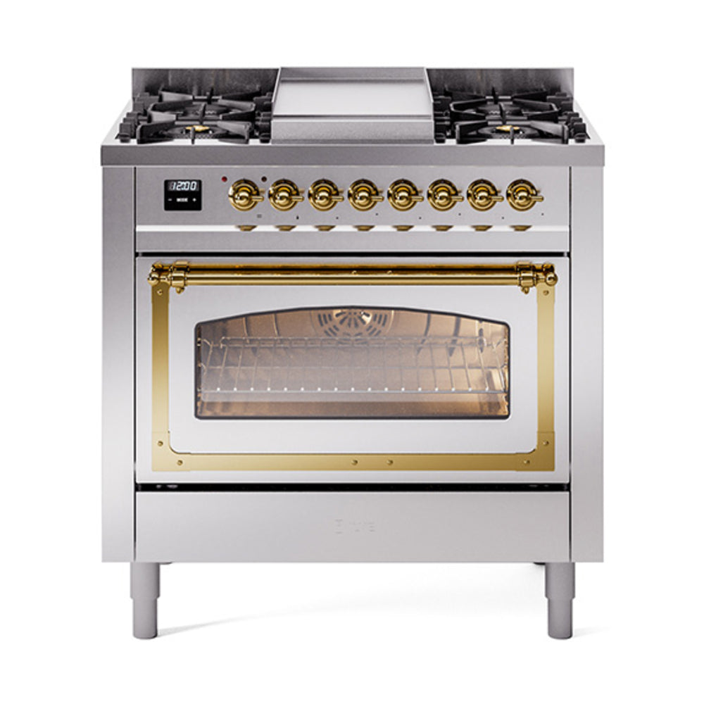 Stainless steel dual-fuel range with brass-trim triple glass oven door
