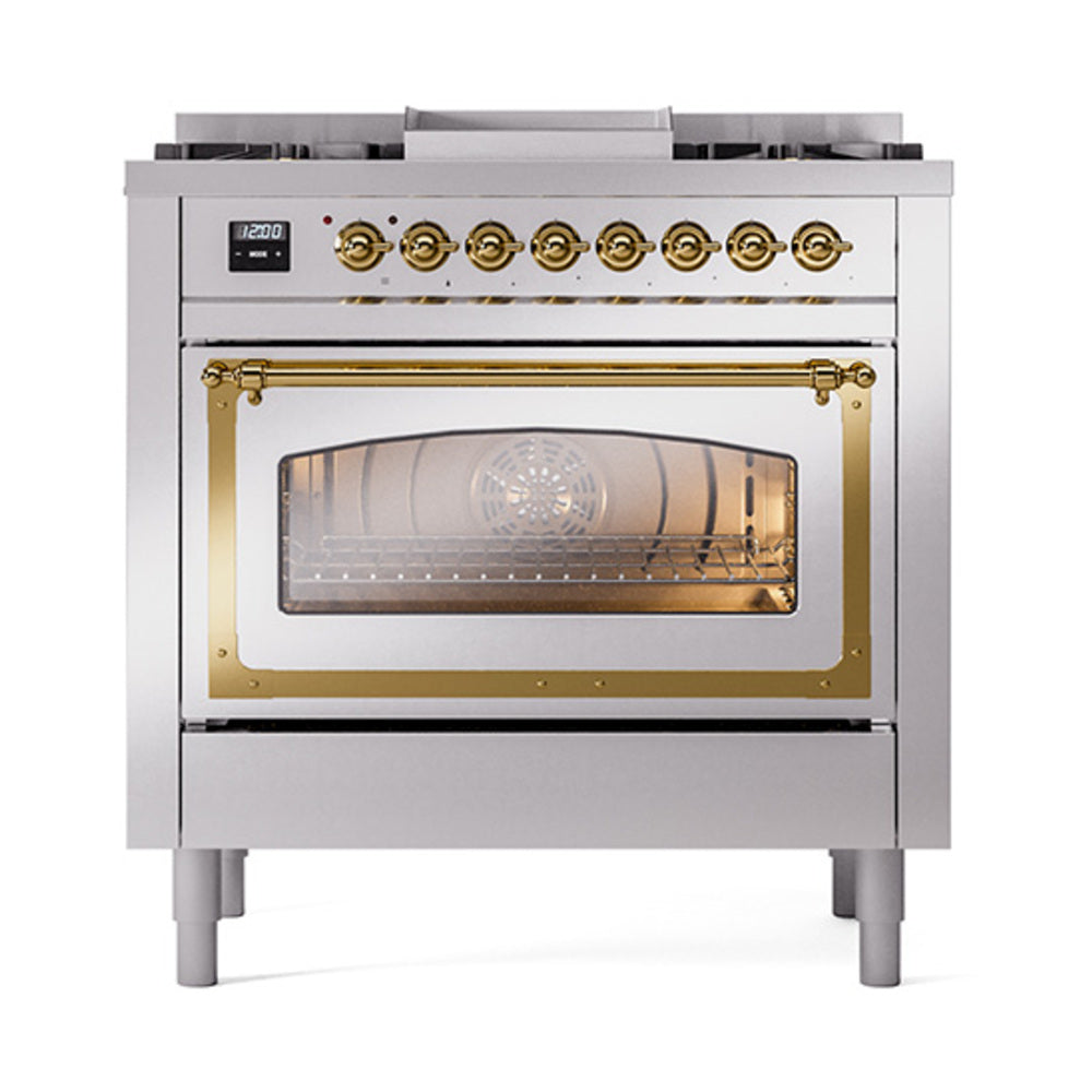 Stainless steel range with brass-trim glass oven window and control knobs
