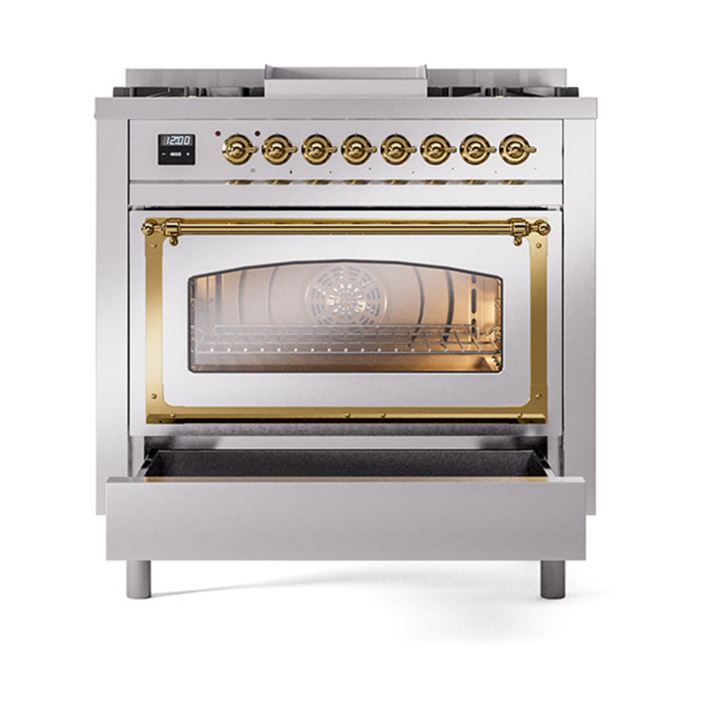 Stainless steel dual-fuel range with brass-trim glass oven door and display