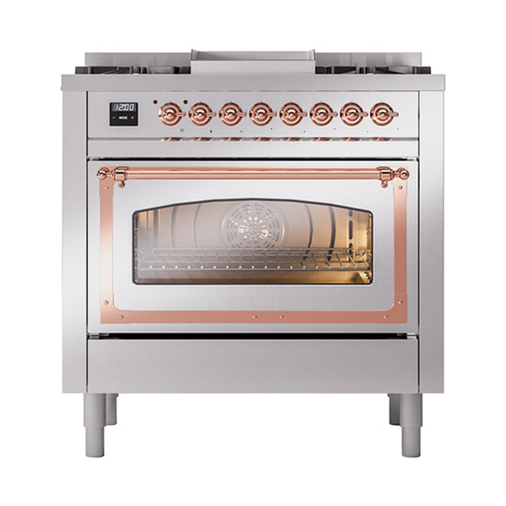Stainless steel dual fuel range with copper trim and oven door showing warm interior