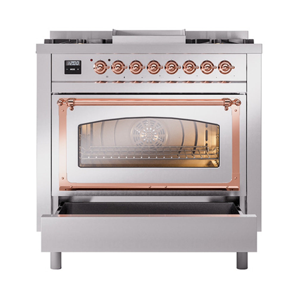 Stainless steel dual fuel range with open oven door and copper-trimmed glass window