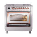 ILVE Nostalgie II Noblesse 36-Inch Natural Gas Dual Fuel Range and Triple Glass Door in Stainless Steel with Copper Trim (UN36FNMPSSP)
