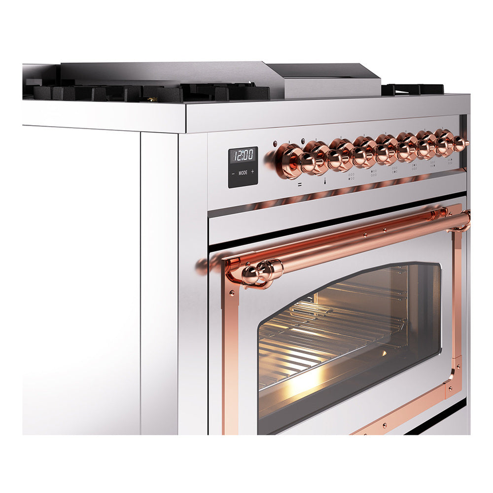 Stainless steel oven range with copper control knobs and copper-accent oven handle