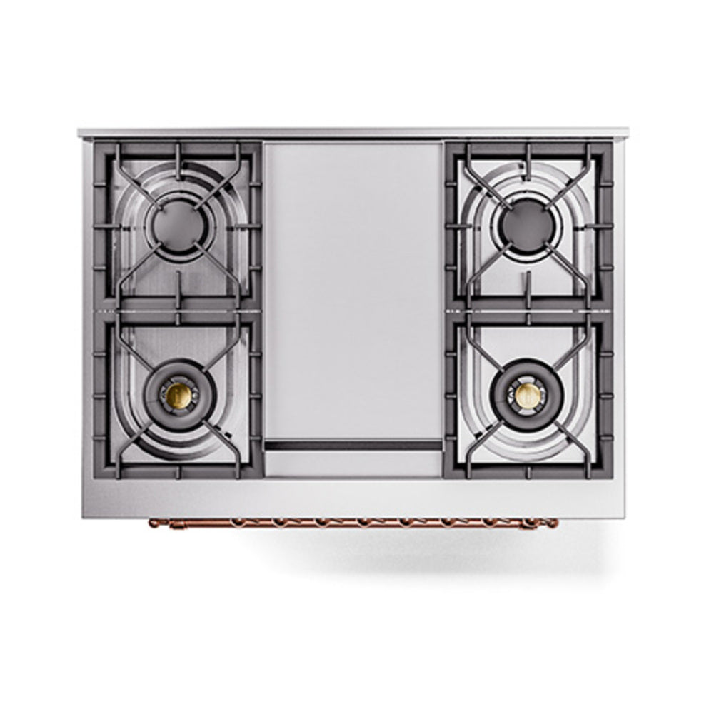 Stainless steel gas cooktop with four burner grates and copper trim strip