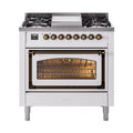 ILVE Nostalgie II Noblesse 36-Inch Natural Gas Dual Fuel Range and Triple Glass Door in White with Burnished Bronze Trim (UN36FNMPWHB)