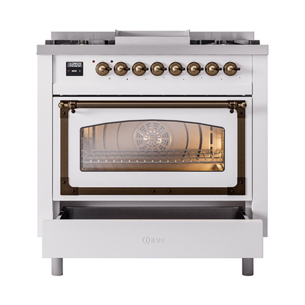 White dual fuel gas range with bronze-framed oven door window and drawer below
