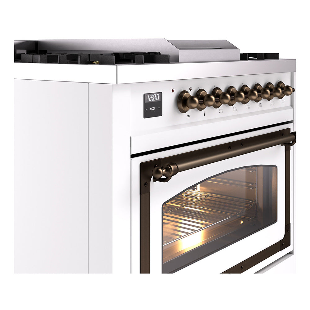 White range side view with bronze control knobs and glass oven door