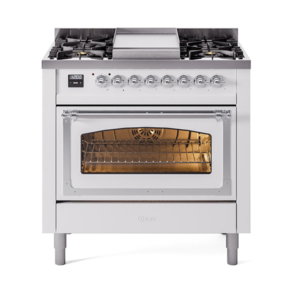 White gas dual-fuel range with four burners and closed triple-pane oven door