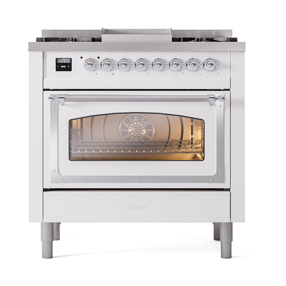 White dual-fuel range with open triple-pane oven door and front control knobs