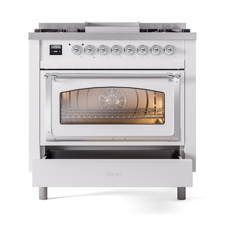 White range with open oven door and chrome handle, showing warm interior chamber