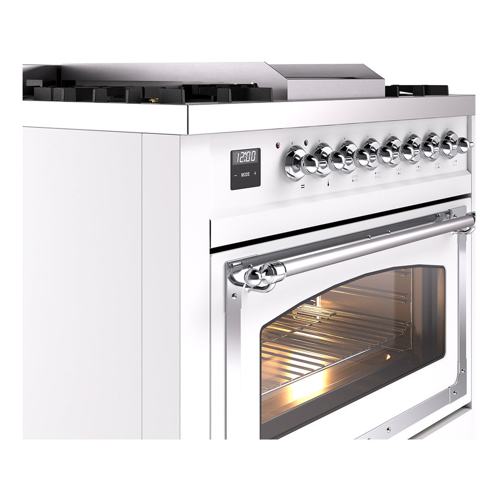 White range control panel with chrome knobs and oven window; cooktop above