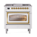 ILVE Nostalgie II Noblesse 36-Inch Propane Gas Dual Fuel Range and Triple Glass Door in White with Brass Trim (UN36FNMPWHGLP)