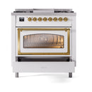 ILVE Nostalgie II Noblesse 36-Inch Natural Gas Dual Fuel Range and Triple Glass Door in White with Brass Trim (UN36FNMPWHG)
